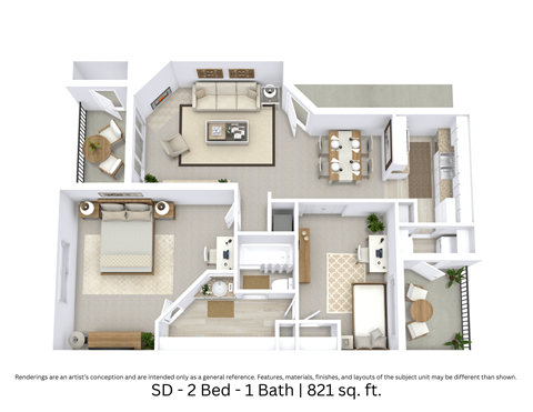 Floor plan for 2 beds, 1 bath, 821 sqft